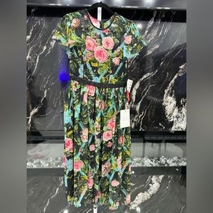 Mac Duggal Black Floral Midi Dress with Pink Roses